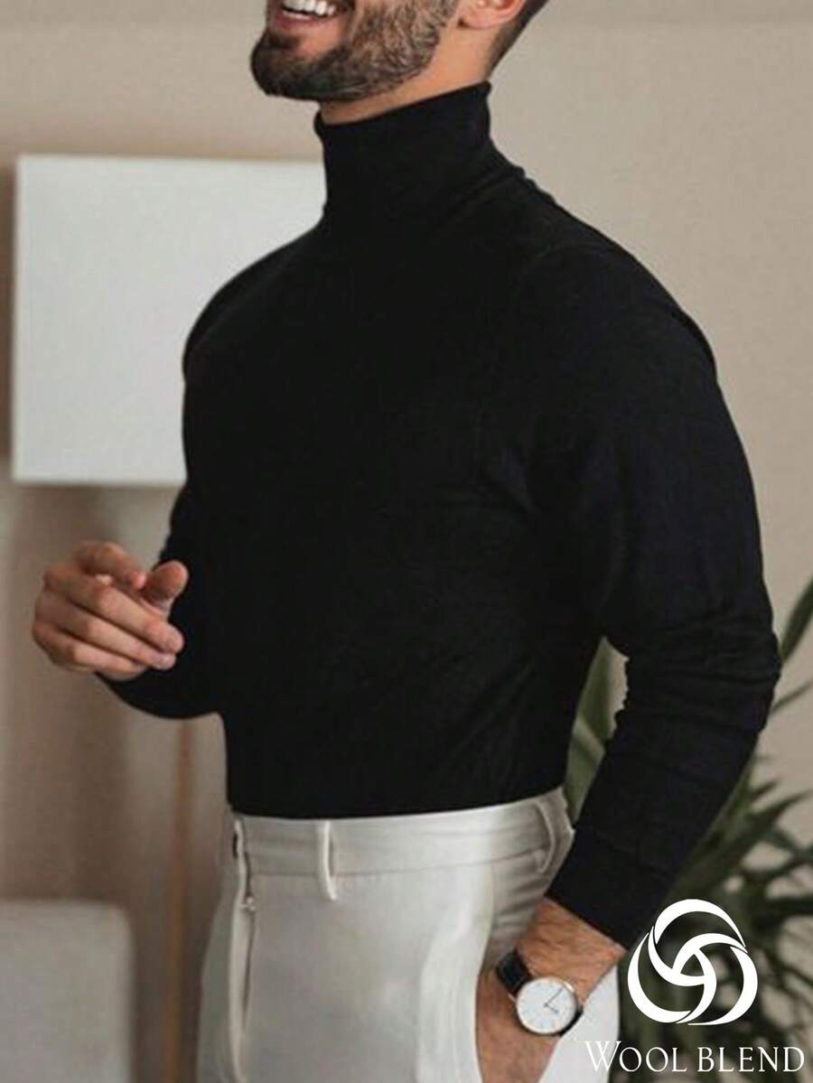 Men's Autumn/Winter Fashion Casual 12-Gauge Slim Fit Regular Shoulder High Neck Wool Blend Long Sleeve Sweater - Black - View 1