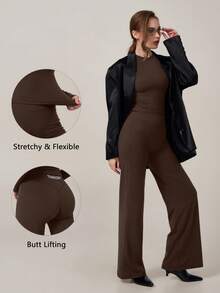 TimeOff Women's One Set Solid Color Round Neck Slim Fit Long Sleeve Top High Waist Butt Lifting Flared Pants - Brown - View 11