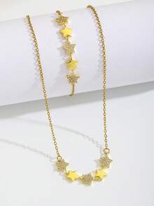 2pcs/Set Gold Tone Rhinestone Five Point Star Necklace Bracelet Set Cute Sparkly Kids Jewelry For Girls Daily Party School Birthday Gift - Gold - View 3