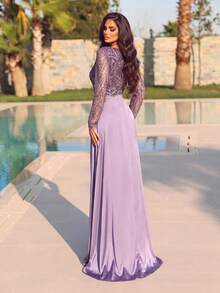 Stunning Asymmetrical Neckline Sequin Evening Gown With Asymmetrical Shoulder Strap, Long Sleeves, Side Train And Satin Skirt, Suitable For Banquets, Galas, Red Carpets And Celebrations - Dusty Purple - View 2