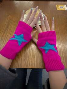 1pc Knitted Knitted Star Jacquard Half Finger Gloves, Autumn/Winter Warm Contrast Color Fingerless Hand Socks Sleeve Covers, Unisex - B - View 6