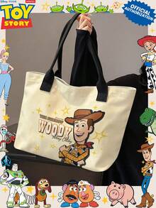 Miniso Disney Toy Story Sheriff Woody Canvas Tote Bag, Beige With Handle Shoulder Bag, Suitable For Daily Use - Black - View 3