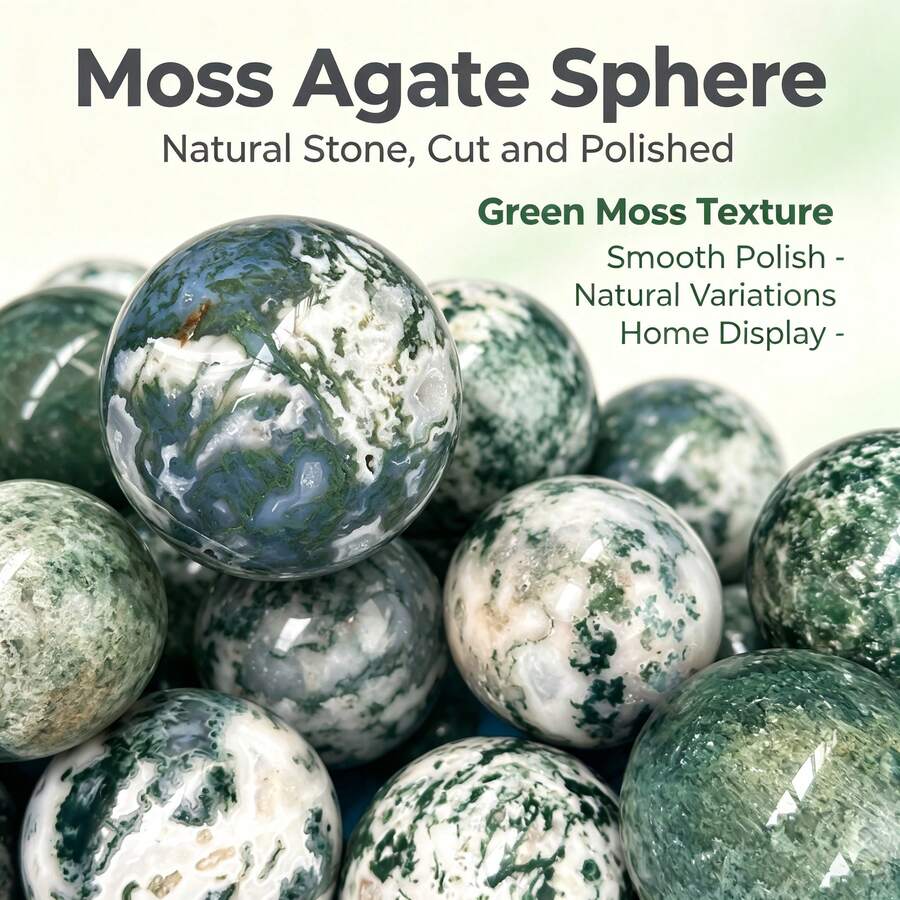 Stonehaven Natural Green Moss Agate Sphere Polished Gemstone Sphere For Home Decor, Meditation, Reiki, Crystal Collection, Desk Display, Feng Shui Gift