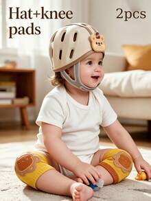 2pcs/Set Baby Anti-Fall Hat And Knee Pads Set, Toddler Learning To Walk Anti-Collision Head Protection Cap, Infant Crawling Head And Knee Protection Combination, Breathable Soft Walking Protection Gear, Cute Cartoon Knee Pads, Suitable For All Seasons. Also Suitable As Holiday Gift For Christmas, Halloween And Other Occasions. - Baby Head Protector + Knee Pads - View 1