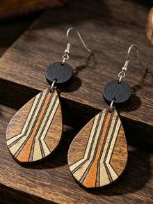 1 Pair Vintage Bohemian Striped Wooden Teardrop Earrings, Geometric Earrings - Multicolor - View 4