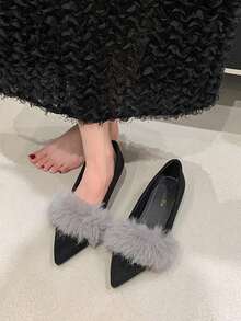 Meng Jie Women Pointed Toe Slip On Flat Shoes, Fluffy Fur Decor Soft Upper Casual Party Daily Dress Footwear - Black - View 2