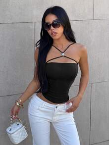 European And American Style Strapless Fishbone Top For Women, Criss-Cross Strap With Rhinestone Decor, Waist-Cinched Slimming Cold Shoulder Bandeau, Curved Hemline For Proportional Look, Suitable For Date, Party, Hot Girl Y2K Style - Charcoal Black - View 3