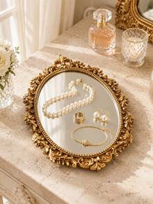 Vintage Gold Oval Mirror Jewelry Tray, Baroque Carved Vanity Storage Dish, Suitable For Rings, Earrings, Necklaces And Bracelets Storage, Vanity And Bathroom Countertop Decor - Multicolor - View 5