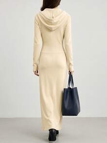 Plus Size Hooded Half-Zip Long Sleeve Maxi Dress, Solid Color Fitted Bodycon Long Dress, Casual Everyday Wear - Apricot - View 3