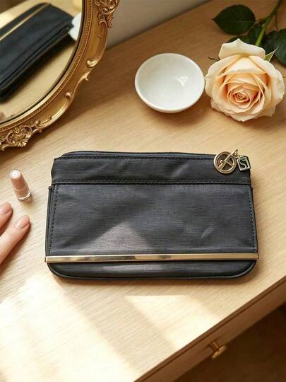 Black Fabric Flat Zipper Cosmetic Pouch With Gold‑Tone Metal Trim & Brand Logo Zipper Pull Portable Slim Travel Makeup Storage Clutch For Small Beauty Essentials Holiday Gift Armani