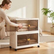 2/5-Tier PP Storage Cabinet 102x40x23cm, Stackable Mobile Cupboard With Transparent Doors & Wheels, Dustproof Moisture-Proof For Home - Beige - View 8
