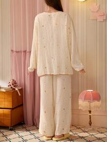 Gongdie 2pcs Disney Mickey Women's Pajama Set, White Cotton Soft Loungewear For Autumn, With Rainbow Trim And Pockets - Apricot - View 7