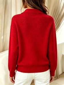 Vintage Red Lapel Single-Breasted Knit Cardigan Women's Loose Slouchy Solid Color Long Sleeve Sweater Jacket - Red - View 4
