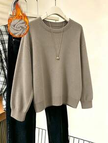 Plus-Size Women's Casual Everyday Versatile Camel-Colored Round Neck Faux Knit Sweater Fall - Camel - View 3