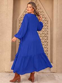 V-Neck Long Sleeve Ruffle Hem Plus Size Beach Vacation, Bohemian Style Dress - Blue - View 4