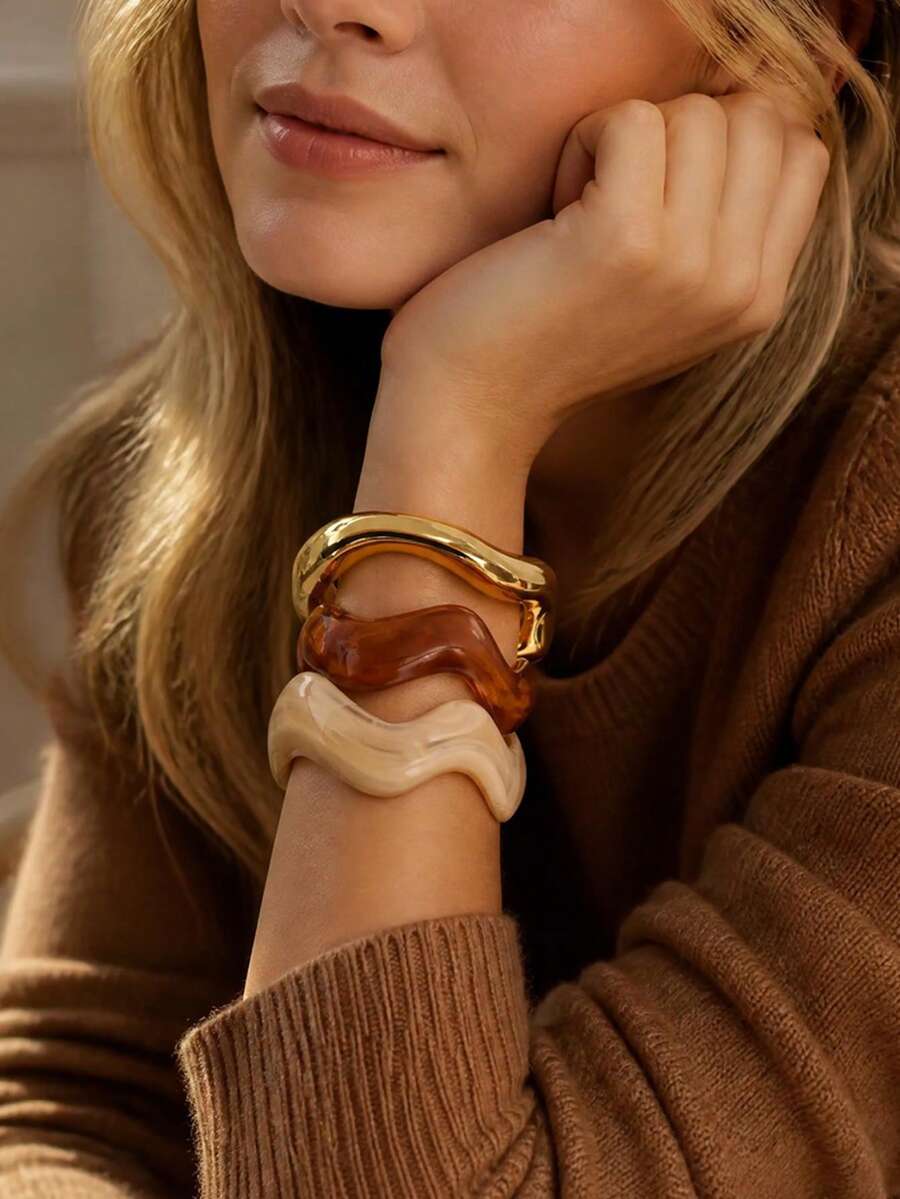 3/6 Buah Gelang Manset Bergelombang Tidak Beraturan & Gelang Manik-Manik, Pola Pusaran Marmer, Gaya Retro Minimalis, Gelang Wanita yang Dapat Ditumpuk, Cocok untuk Musim Gugur dan Musim Dingin - Emas - View 1