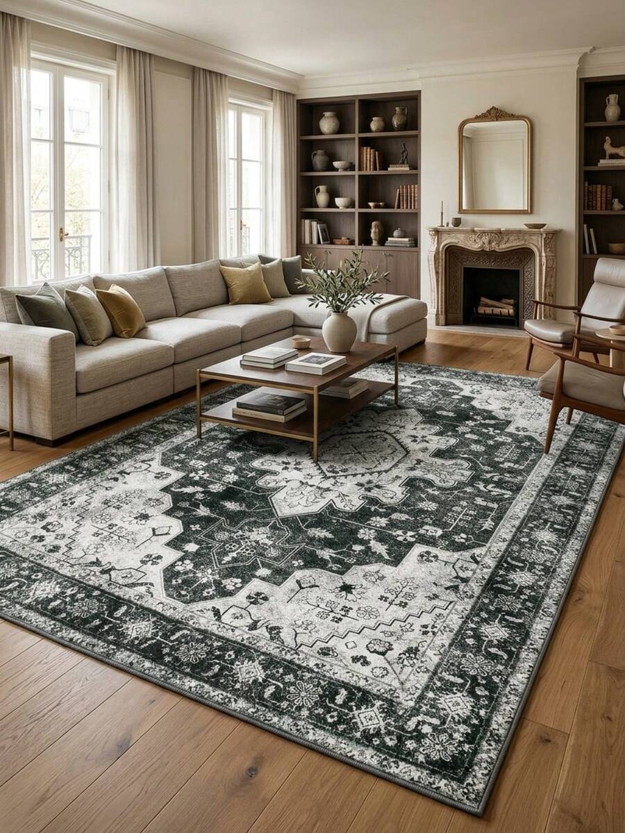 1PC Black White Gray Vintage Persian Pattern Bohemian Style Faux Cashmere Rectangular Area Rug, Distressed Mottled Details, Machine Washable, Suitable For Living Room Bedroom Home Decor, All Season Use, Aesthetic Home Decor - Multicolor - View 1