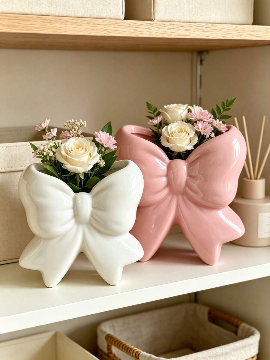 1件粉色蝴蝶結花瓶，可愛亮面蝴蝶結花瓶，現代裝飾梳妝台與桌面中心裝飾品，送給她的創意禮物，美學房間裝飾，梳妝台中心裝飾，送給她的禮物，現代家居裝飾 - 多色 - 查看 1