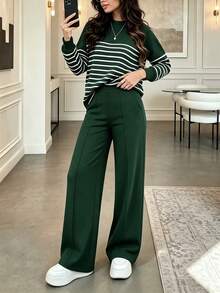 Women's Casual Sports Fashion Outfit, 2 Pieces Set With Color-Block Long Sleeve Top And Solid Color Pants, Slimming And Comfortable, Suitable For Daily, Street, Sports, Airport Wear, Spring Break - Dark Green - View 3