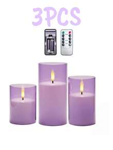 3pcs Transparent Pink Flameless LED Candles (With Remote Control And Timer Function) - Realistic Flickering Warm Light, Smokeless Battery Powered, Home Decor, Wedding Decor, Garden, Holiday Party - Purple - View 8
