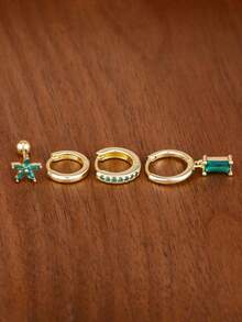 4PCS Light Luxury Geometry Dangle Earrings Set For Women 18K Gold Plated Green Zirconia Flower Ear Stud Elegant Engagement Birthday Jewelry Gift - 1-gold-4pcs - View 3