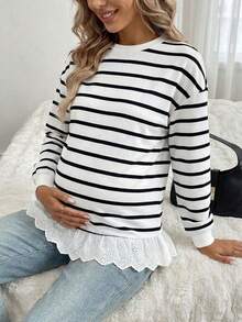 Bump Style Non-Stretch White Striped Long Sleeve Top For Maternity | Eyelet Lace Ruffle Hem Blouse - White - View 6