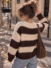 Women's Fall Winter Brown Contrast Striped Ripped Knit Sweater, Long Sleeve Crew Neck Pullover Top, Casual Vintage Back To School Christmas Outfit - Brown - View 2