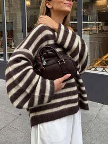 Women's Vintage Striped Long Sleeve Cardigan Sweater, Autumn/Winter Warm Knit Top, Fashion Regular Fit - Multicolor - View 2