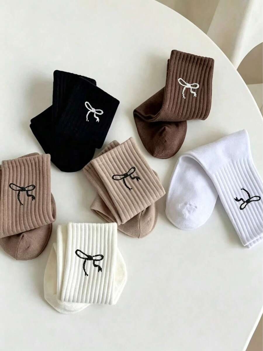 1 Pair Women's Ribbed Crew Socks, Cute Bow Embroidery Mid-Calf Socks, Soft Breathable Solid Color Casual Socks, Classic Neutral Tone Preppy Style Socks, Multi-Purpose Daily Wear Socks - Multicolor - View 1