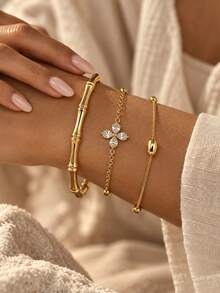VceTd 1 Set Elegant Style Stainless Steel Women's Bracelet With Bamboo/Four-Leaf/Geometric Design, Suitable For Dating - Yellow Gold - View 3