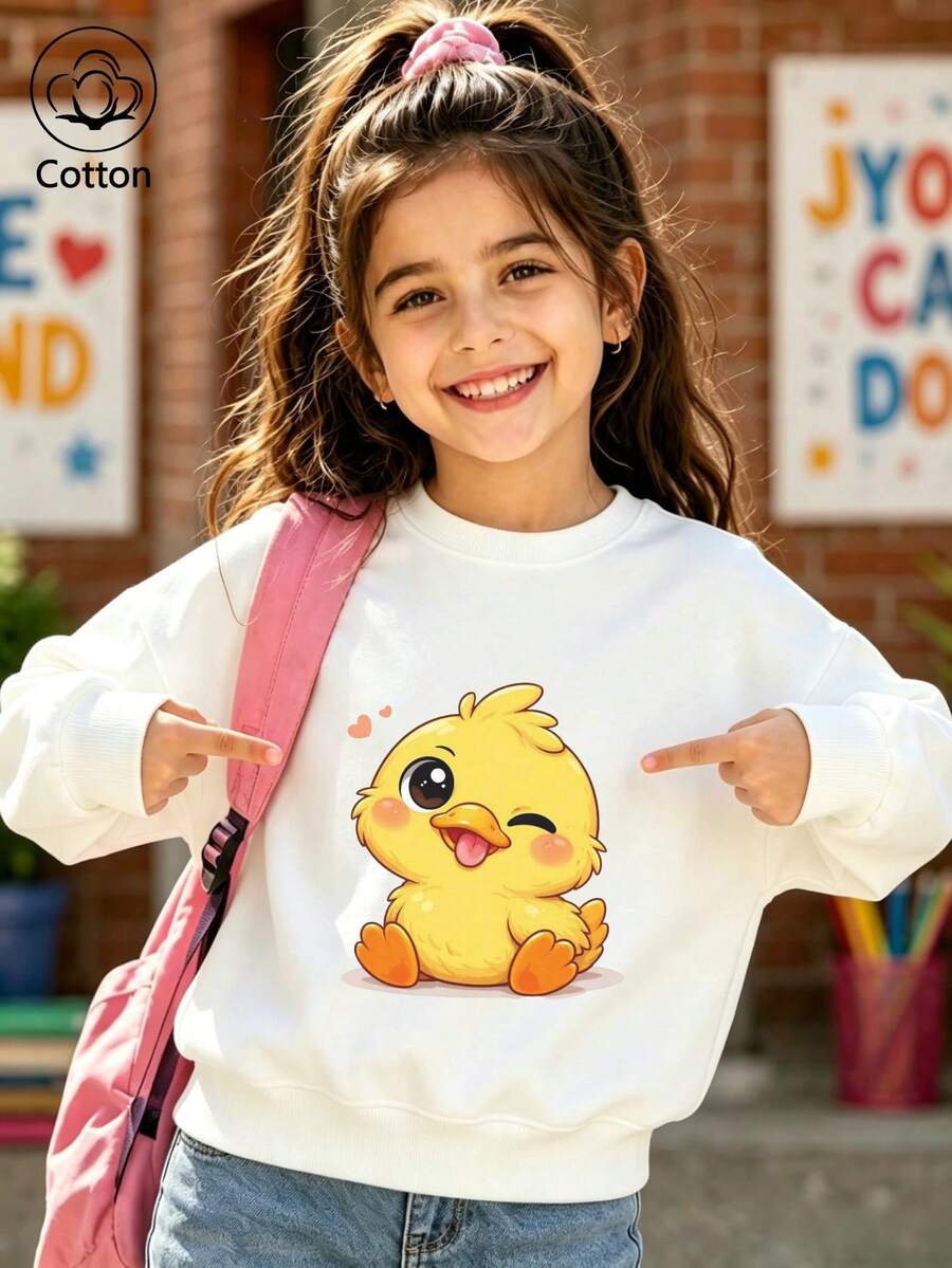 Girls' Cute Printed Drop-Shoulder Round-Neck Long-Sleeve Casual Sports Sweatshirt - White - View 1