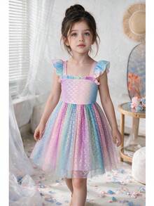 Young Girl' Dreamy Rainbow Unicorn & Fish Scale Print Ruffle Trim Cap Sleeve Dress, Sheer Fabric, Keep Away From Fire - Multicolor - View 6
