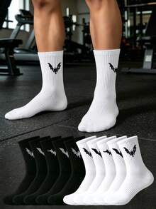 1/2/6/12 Pairs Of Bat Print Socks, Gothic Style, Comfortable Mid Length Socks, Suitable For Daily Wear, Available In Black And White, Autumn Style - Multicolor - View 2