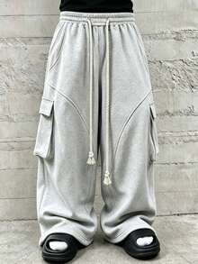 HEYKESON Men's Cargo Wide Leg Sweatpants With Large Side Pockets, Chunky Cable Knit Tassel Drawstring Elastic Waist Loose Casual Long Pants - Light Grey - View 3
