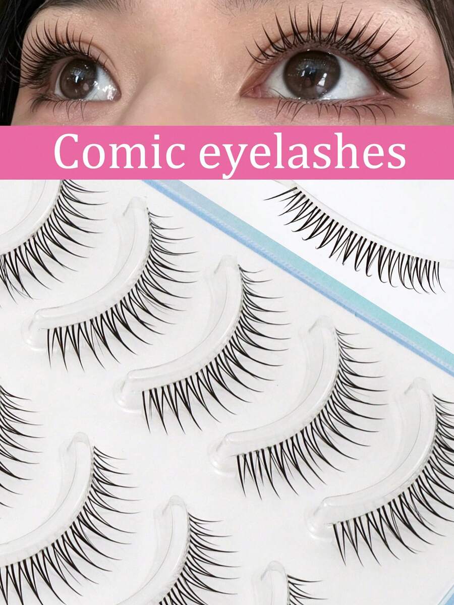 5 Pairs Pointed Tail Cartoon Eye Invisible Stem False Eyelashes, Wet Tip Girl Group Style, Natural Curl, Defined Strands, Fresh Sweet Korean-Japanese Big Eye Look, Soft Lightweight Faux Mink Hair - Black - View 1