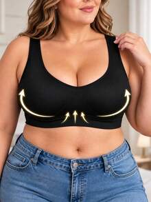 Women's Seamless Wireless Bra, No Padding, Comfortable Soft Elastic Wide Strap V-Neck Sleep Yoga Daily Crop Top - Black - View 3