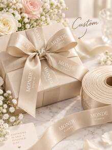 5/10/20/40m Customized Text Satin Ribbon, Personalized 2cm Wide Gold Text Colorful Silk Satin Ribbon, Suitable For DIY Crafts, Bow Making, Wedding Decoration, Gift Wrapping And Party Decoration - Multicolor - View 2