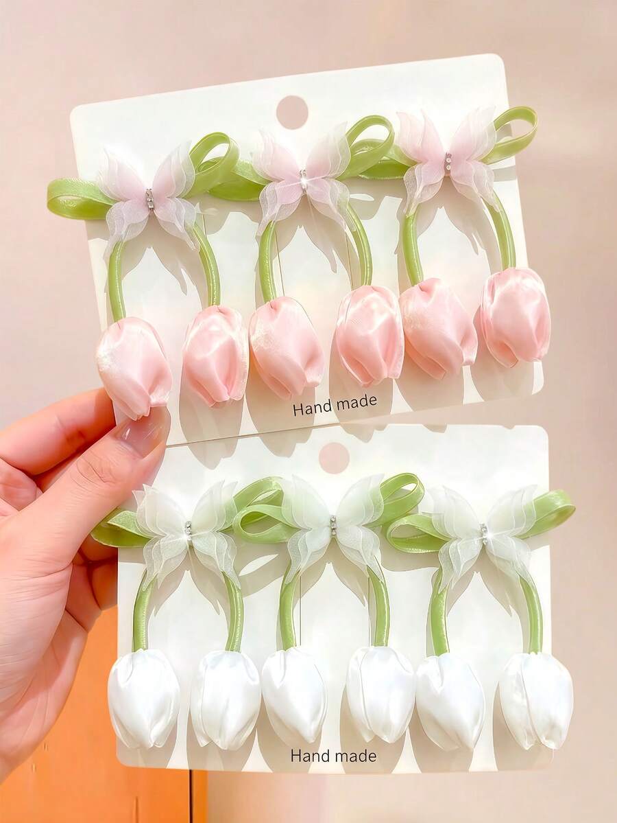 6/2pcs Handmade Tulip Bow Hair Clips, Durable & Gentle On Hair, Lively & Sweet Hair Accessories - Suitable For Children And Girls, Daily School, Vacation, Party - Multicolor - View 1