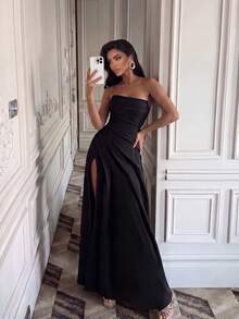 Women's Elegant Sleeveless Strapless Ruched Design Slit Party Formal Dress - Black - View 1