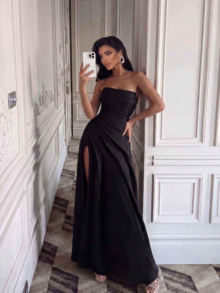 Women's Elegant Sleeveless Strapless Ruched Design Slit Party Formal Dress - Black - View 1