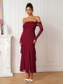 PARTHEA Elegant Burgundy Mesh Cold Shoulder Layered Ruffle Midi Dress, Long Sleeve Flowy Hem Women's - Burgundy - View 5
