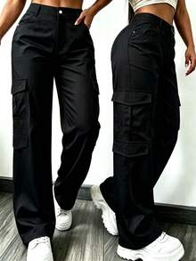 Women's Black High-Waist Multi-Pocket Cargo Pants, Lightweight Wide-Leg Casual Loose Long Pants - Black - View 1