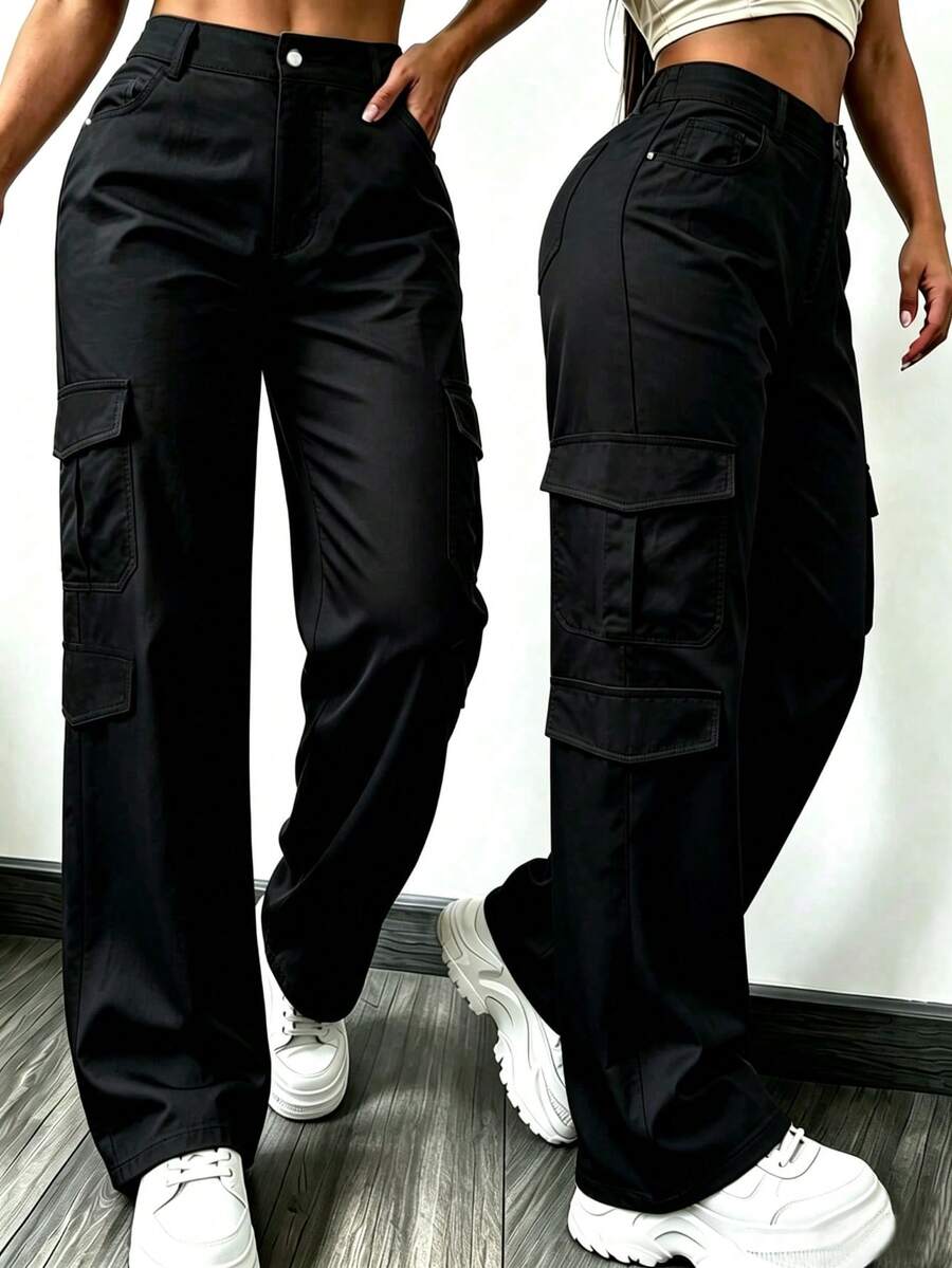 Women's Black High-Waist Multi-Pocket Cargo Pants, Lightweight Wide-Leg Casual Loose Long Pants - Black - View 1