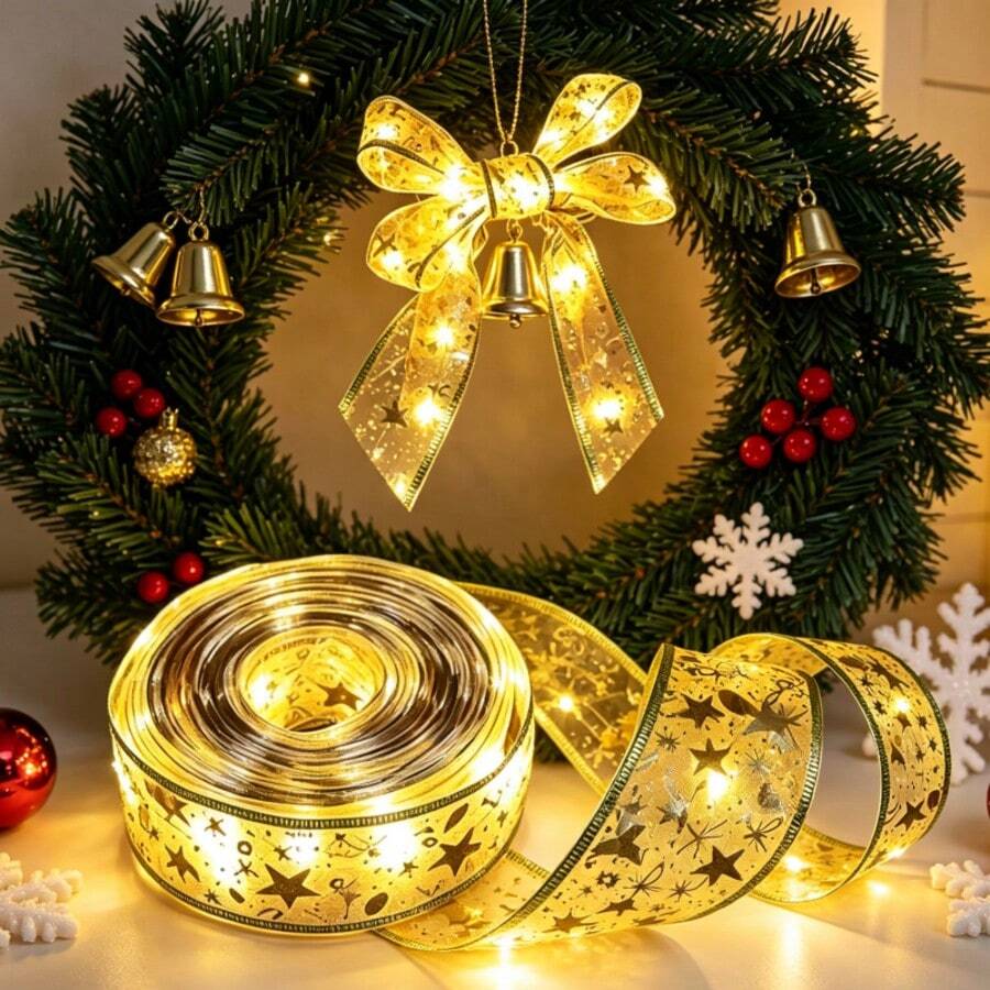 2pcs Christmas Tree Ribbon Lights, Christmas Decorations, Holiday Celebration Decor, Indoor Party Decoration, Ribbon Lights, Room Decoration Lights, Holiday Lighting, Suitable For Halloween, Thanksgiving And New Year Multi-Functional Decor - Gold - View 1