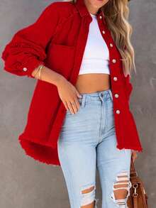 Frayed Edged Fashionable Loose Fit Pink Denim Jacket Casual Spring Red - Red - View 7