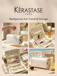 Kérastase White Rectangular PU Makeup Bag With Top Handle, Gold Foil Logo, Large Capacity Travel Toiletry Cosmetic Storage Bag, Skincare Organizer Gift Bag - White - View 5