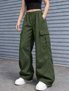 1pc Tween Girls' Fashionable Casual Solid Color Loose Cargo Pants With Multiple Pockets, Comfortable For Spring & Autumn - Army Green - View 8