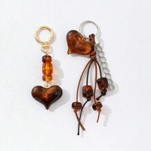 1pc Vintage Amber Tortoiseshell Pattern Resin Heart Keychain, Maillard Brown Tone Beaded Bag Charm, Great Gift - Multicolor - View 1