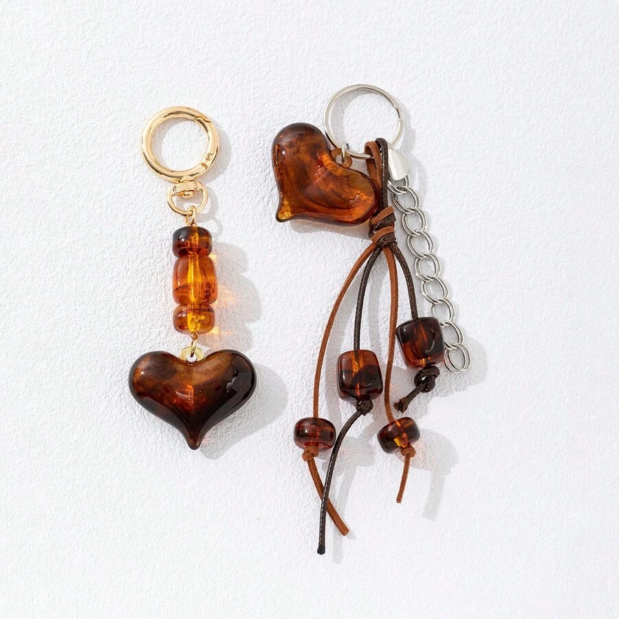 1pc Vintage Amber Tortoiseshell Pattern Resin Heart Keychain, Maillard Brown Tone Beaded Bag Charm, Great Gift - Multicolor - View 1