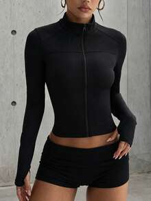 Hidkat Women's Fashion Solid Color Stand Collar Zip-Up Fitted Yoga Casual Sports Knit Jacket - Black - View 4